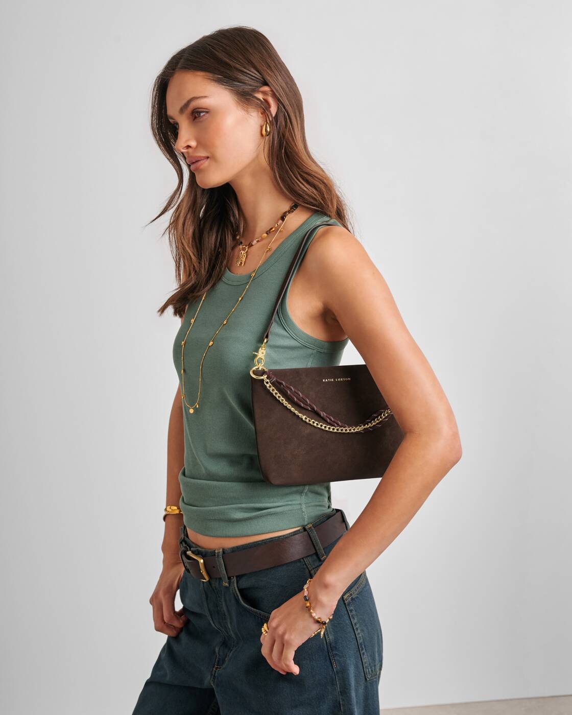 Cord Small Suedette Shoulder Bag - Chocolate