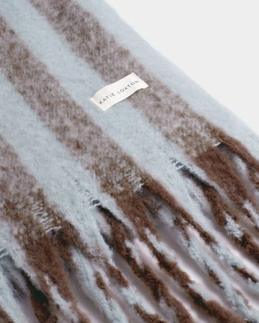 Recycled Stripe Tassel Scarf - Blue / Brown
