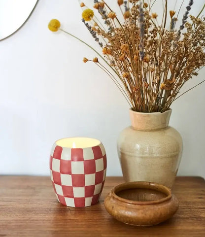 Red Checkmate Porcelain Candle - Rose & Sental