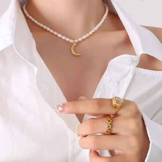 Gold Crescent Moon Pearl Necklace