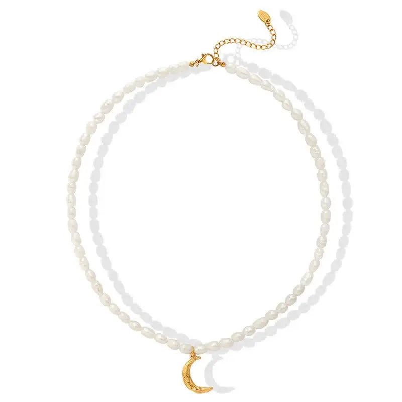 Gold Crescent Moon Pearl Necklace