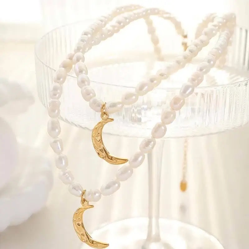 Gold Crescent Moon Pearl Necklace